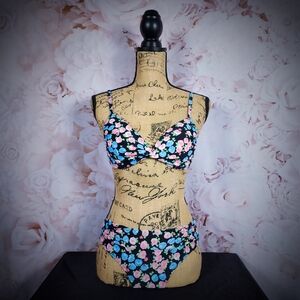 Pink and Blue Floral Wireless Twist Top Bikini Set